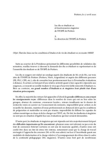 Lettre des élu·es étudiant·es du conseil de l’INSPÉ de Poitiers [crise sanitaire Covid-19]