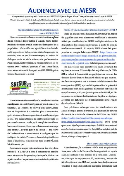 Lettre FDE mars/avril/mai 2023 - Audience avec le MESR
