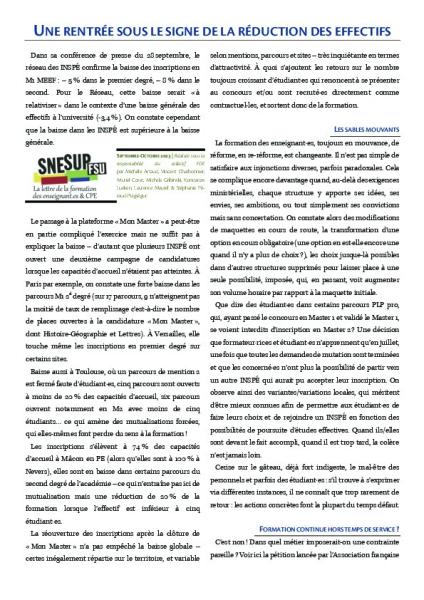 Lettre FDE septembre/octobre 2023 - Une rentrée sous le signe des la réduction des effectifs 