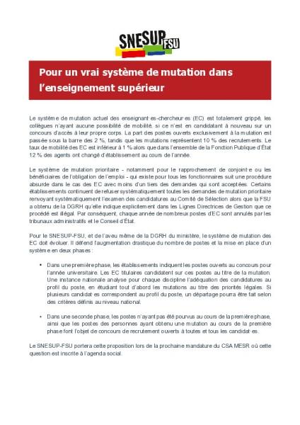 Pour un vrai système de mutation dans l’enseignement supérieur - Lettre d'information élections n°1