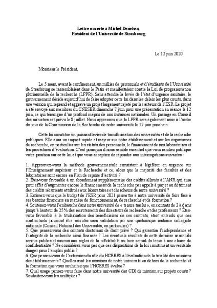 LPPR : Lettre ouverte du comité de mobilisation de l'Université de Strasbourg au président de l'université - 12 juin 2020