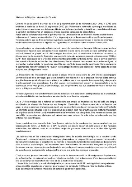 Université Côte d'Azur : Contre le projet de loi LPR - lettre à envoyer à votre député·e - Initiative des sections FSU (SNESUP, SNCS, SNASUB), 20 septembre 2020