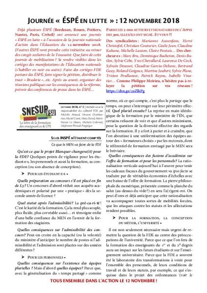 La Lettre FDE n° 2 - OCTOBRE 2018 - MOBILISONS-NOUS pour La Formation des enseignants le 12 novembre prochain !