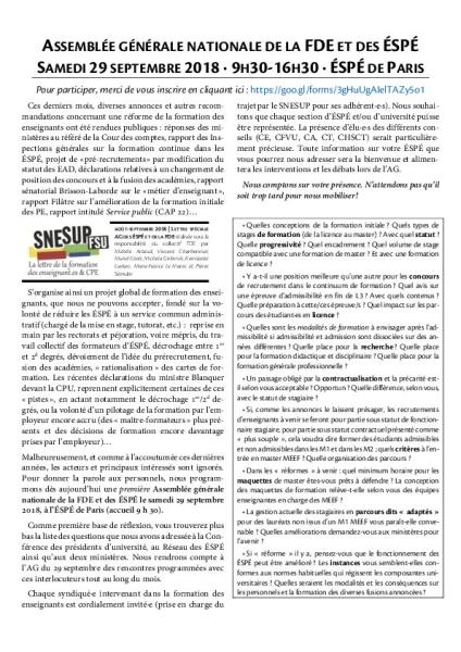 La Lettre FDE - LETTRE SPÉCIALE AG DES ÉSPÉ ET DE LA FDE - Août-Septembre 2018