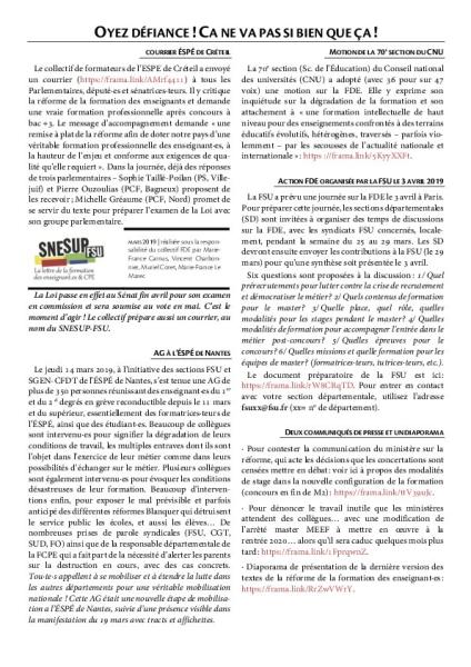 OYEZ DÉFIANCE ! CA NE VA PAS SI BIEN QUE ÇA ! - La Lettre FDE - Mars 2019