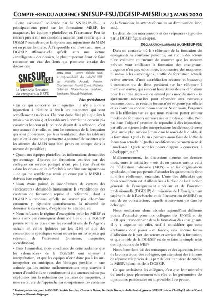 COMPTE-RENDU AUDIENCE SNESUP-FSU/DGESIP-MESRI DU 3 MARS 2020 [La lettre FDE, février-mars 2020, n°2]