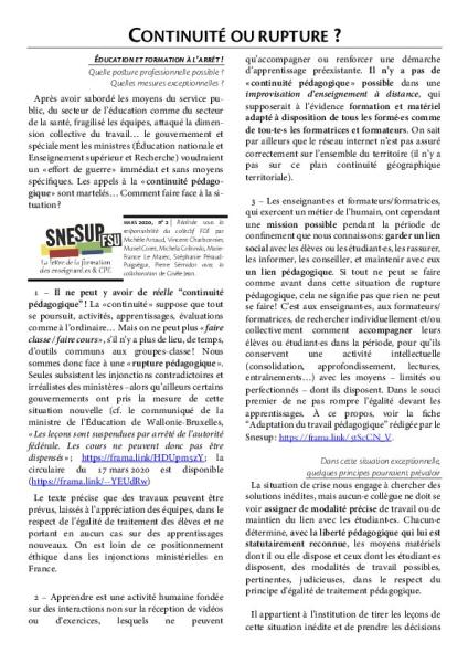 Continuité ou rupture ? - La lettre FDE, Mars 2020