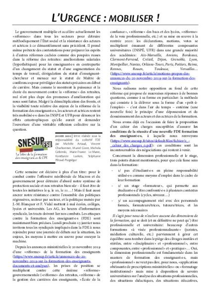 L’URGENCE : MOBILISER ! - La Lettre FDE n° 1, janvier 2020
