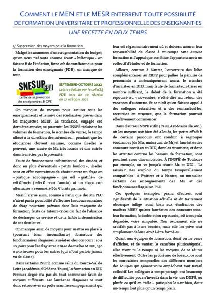 LA LETTRE DE LA FDE - Sept/Oct 2022 -  COMMENT LE MEN ET LE MESR ENTERRENT TOUTE POSSIBILITÉ DE FORMATION UNIVERSITAIRE ET PROFESSIONNELLE DES ENSEIGNANT·ES