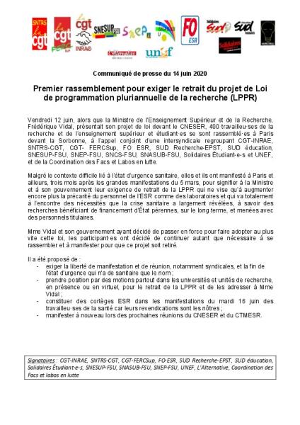 LPPR - Communiqué intersyndicale de l'ESR du 14 juin 2020