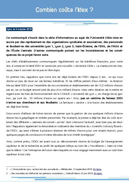 Combien coûte l'Idex ? - Communiqué intersyndical des universités de Lyon, 4 octobre 2018