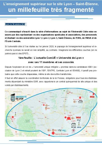 L'enseignement supérieur sur le site Lyon-Saint-Étienne, UN MILLEFEUILLE TRÈS FRAGMENTÉ - Communiqué intersyndical des universités de Lyon, 18 octobre 2018