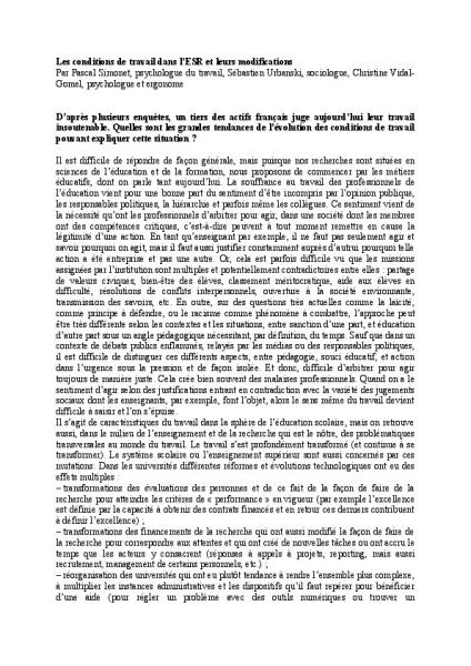 Les conditions de travail dans l’ESR et leurs modifications