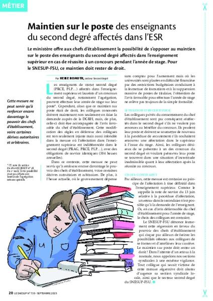 Maintien sur le poste des enseignants du second degré affectés dans l’ESR