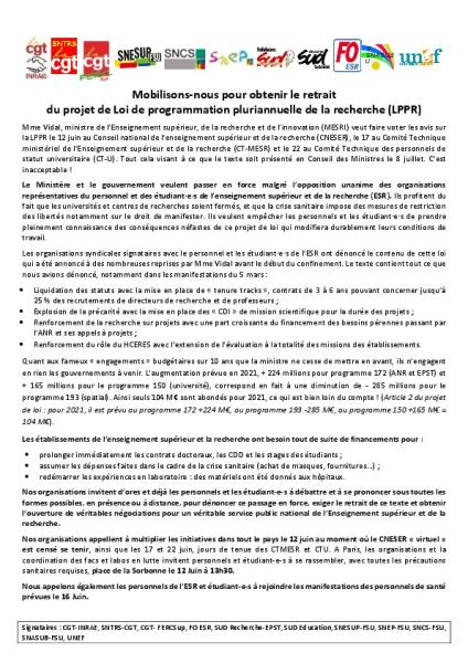 Mobilisons-nous pour obtenir le retrait du projet de Loi de programmation pluriannuelle de la recherche (LPPR) - Communiqué intersyndical de l'ESR du 10 juin 2020