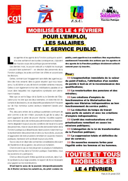 MOBILISÉ·ES LE 4 FÉVRIER POUR L’EMPLOI, LES SALAIRES ET LE SERVICE PUBLIC - Appel intersyndical du 25 janvier 2021