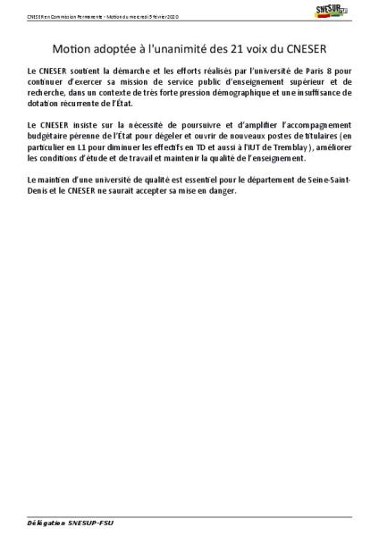 CNESER du 5 février 2020 - MOTION ADOPTÉE A L’UNANIMITÉ DES 21 VOIX  