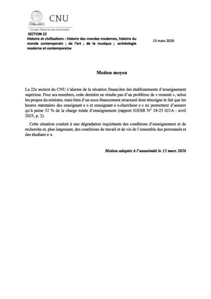 Motions de la section 22 du CNU : Budget, CRCT, fonctionnement du CNU, et autonomie EC/libertés académiques. 