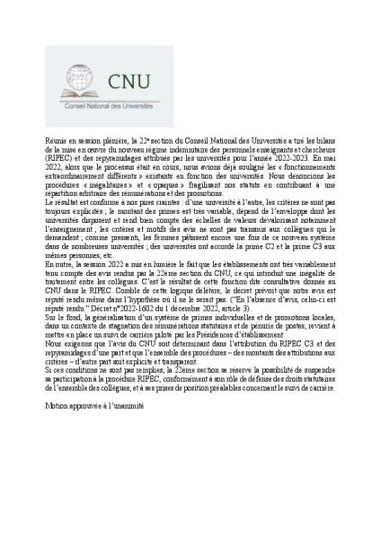 Motion de la 22ème section du CNU sur le RIPEC
