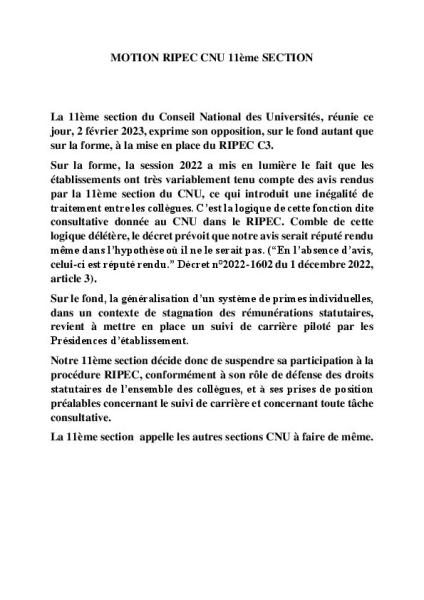 MOTIONS SUR LE RIPEC ET LE REPYRAMIDAGE - FEVRIER 2023
