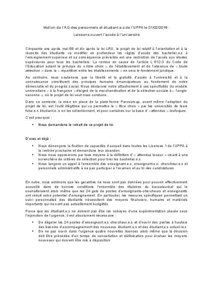 Université de Pau et des Pays de l'Adour : Motion de l’AG des personnels et étudiant.e.s - Laissons ouvert l’accès à l’université