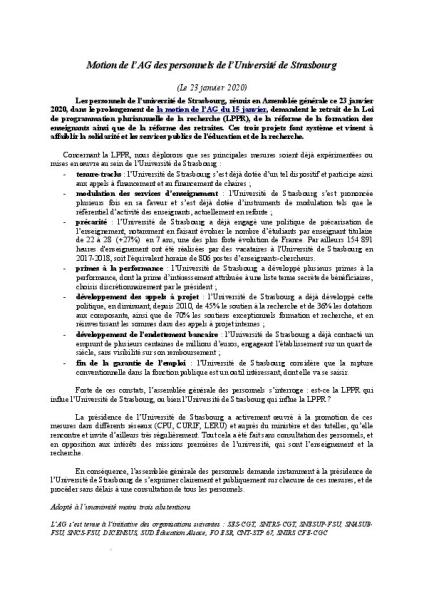 Université de Strasbourg : Motion de l'assemblée générale des personnels réunie le 23 janvier 2020