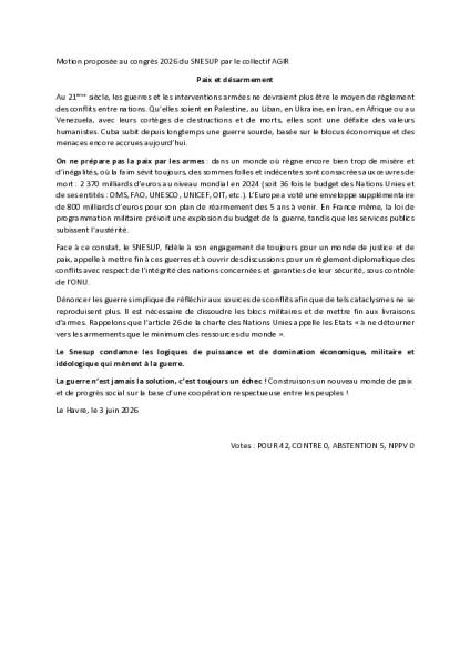 Motion Paix et désarmement - Congrès d'étude du Havre, juin 2026