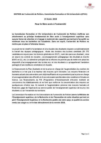 Université de Poitiers : Motion de la CFVU du 15 février 2018 « Pour le libre accès à l’université »