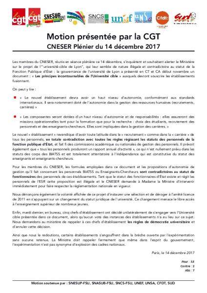 Motion présentée par la CGT au CNESER du 14 décembre 2017