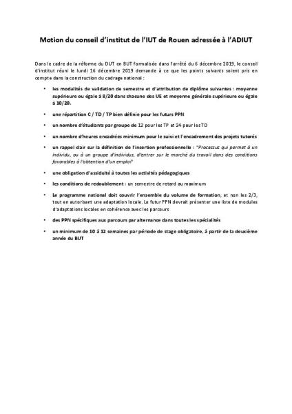 Motion du conseil d’institut de l’IUT de l'Université de Rouen adressée à l’ADIUT