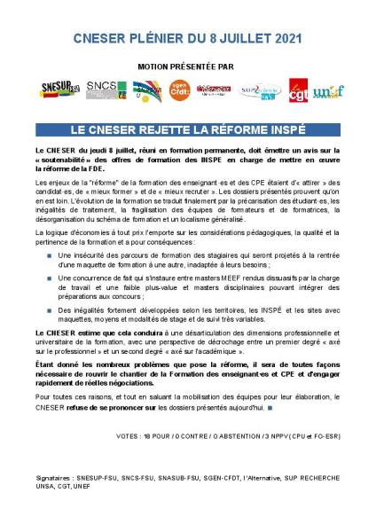 Motion : Le CNESER rejette la réforme INSPÉ - CNESER du 8 juillet 2021 