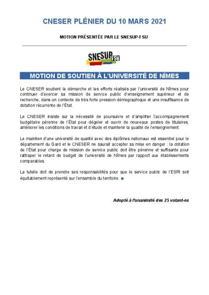 Motion de soutien à l'université de Nîmes - Motion présentée au CNESER plénier du 10 mars 2021