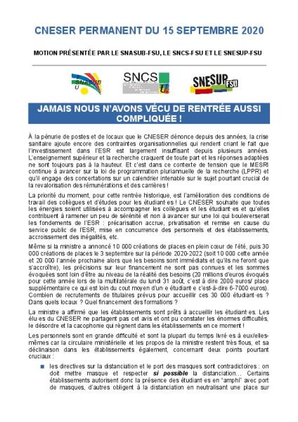 Jamais nous n'avons vécu de rentrée aussi compliquée ! - Motion présentée au CNESER permanent du 15 septembre 2020