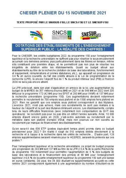 Dotations des établissements de l'enseignement supérieur public : la réalité des chiffres ! -  Motion votée au CNESER plénier du 15 novembre 2021