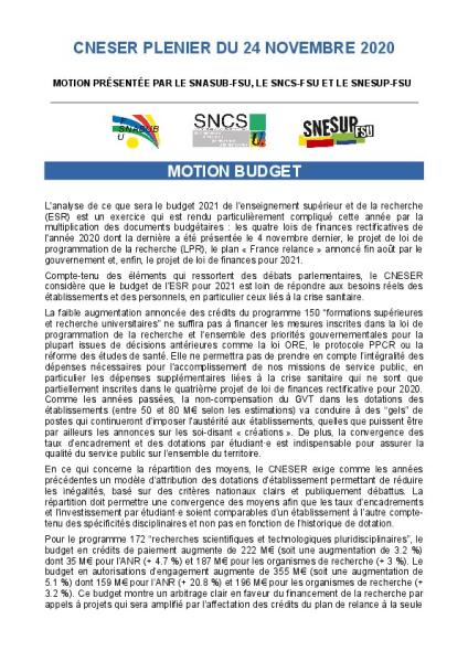 Motion budget - - Motion présentée au CNESER plénier du 24 novembre 2020