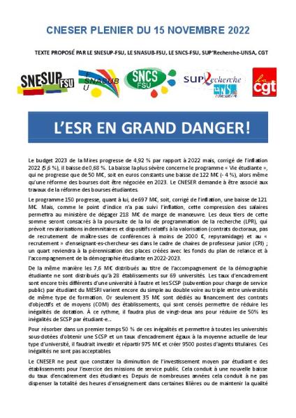 MOTION CNESER DU 15 NOVEMBRE 2022 - L'ESR EN GRAND DANGER !