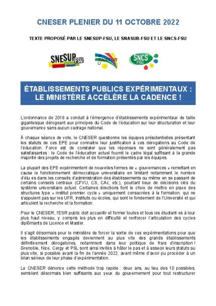 Motion du SNESUP-FSU, du SNCS-FSU et du SNASUB-FSU au CNESER Plénier du 11 octobre 2022
