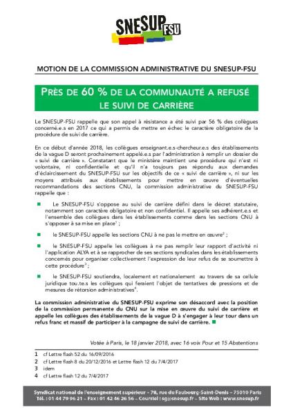 Près de 60 % de la communauté a refusé le suivi de carrière - Motion de la Commission administrative du SNESUP-FSU 