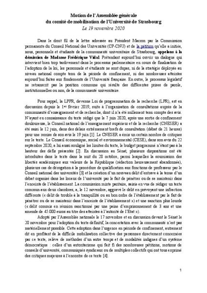 Université de Strasbourg : Motion de l’assemblée générale du comité de mobilisation - 19 novembre 2020
