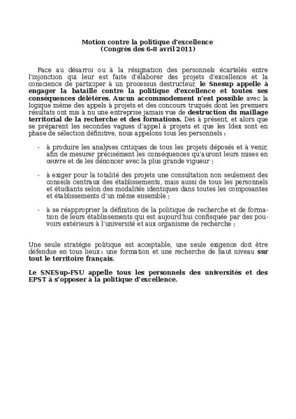 Congrès de Nanterre 2011: Motion contre la politique d'excellence