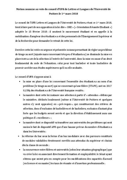 Université de Poitiers : Motion du conseil d’UFR de Lettres et Langues le 1er mars 2018