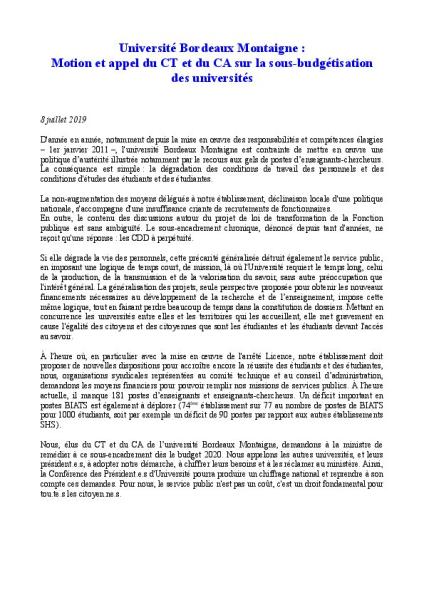 Université Bordeaux Montaigne : Motion et appel du CA et du CT sur la sous-budgétisation des universités - 8 juillet 2019