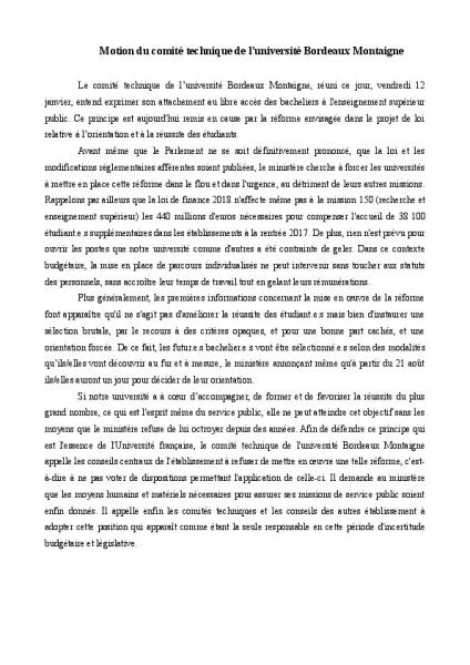 Université Bordeaux Montaigne - Motion du comité technique