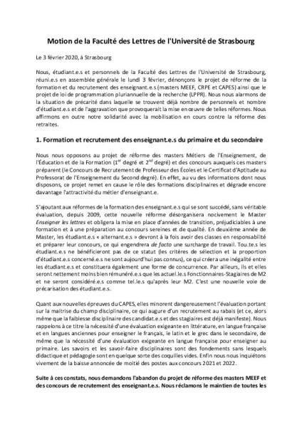 Université de Strasbourg : Motion de l'assemblée générale des étudiants et personnels de la Faculté des Lettres, 3 février 2020