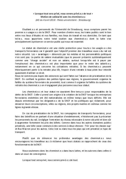 Université de Strasbourg : « Lorsque tout sera privé, nous serons privé.e.s de tout » - Motion de solidarité avec les cheminot.e.s