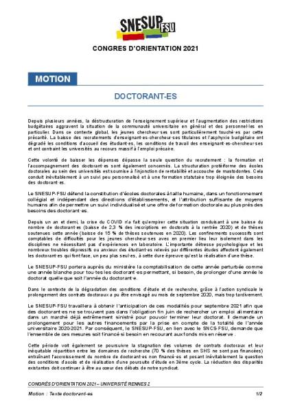 Motion doctorant-es - votée au congrès d'orientation 2021 à Rennes 