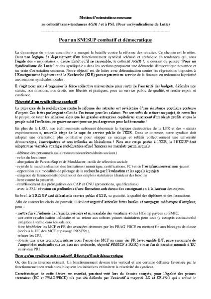Motion d’orientation commune au collectif trans-tendances AGIR ! et à PSL - Congrès d'orientation 2023