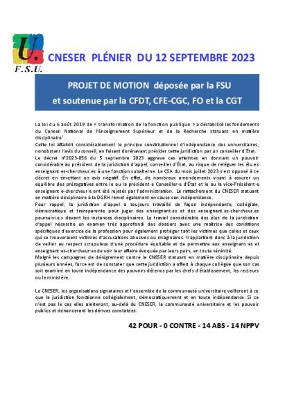 MOTION DE LA FSU - CNESER Plénier du 12 septembre 2023