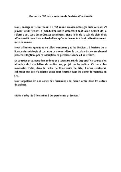Université de Lille 1 : Motion adoptée par l'institut de sociologie et d'anthropologie