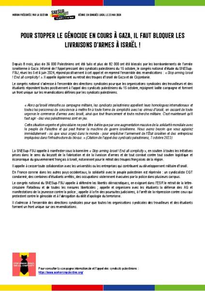 Pour stopper le génocide en cours à Gaza, il faut bloquer les livraisons d'armes à Israël ! - Motion section de Toulon